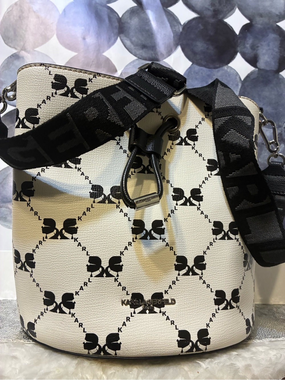 Karl Lagerfeld Black & White Logo Drawstring Bucket Bag